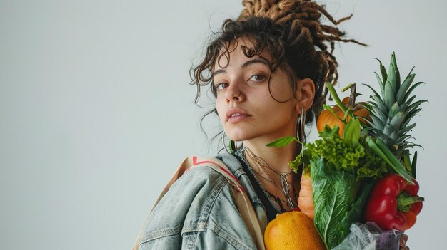 Foto uma jovem mulher com uma expressão determinada segurando com confiança uma bolsa de compras cheia de frutas e legumes frescos simbolizando seu controle sobre sua dieta e bem-estar fundo branco