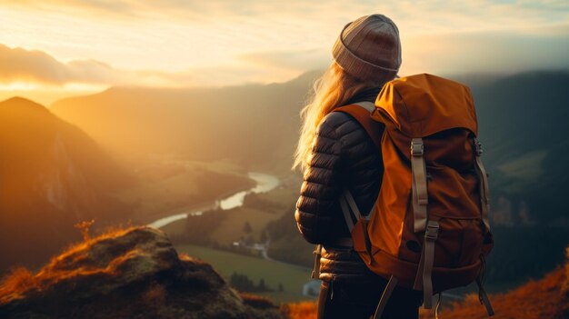 Uma jovem mulher com uma mochila está de pé no topo de uma montanha e olhando para o pôr do sol