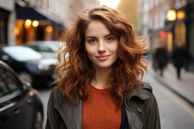 uma jovem mulher de cabelo vermelho de pé no meio de uma rua da cidade