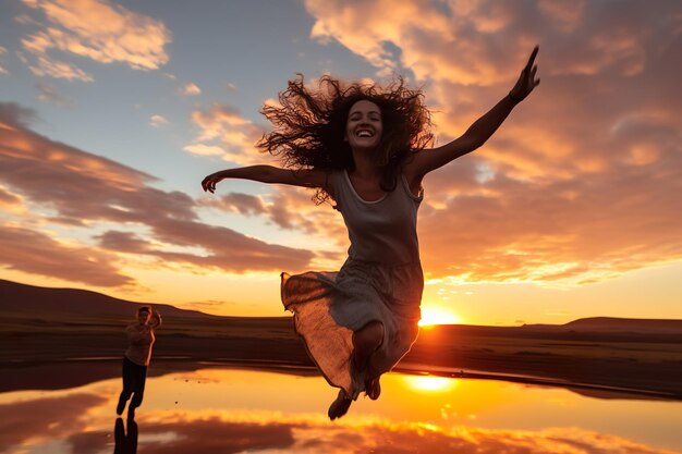 uma jovem mulher de cabelos compridos salta de alegria durante o pôr do sol