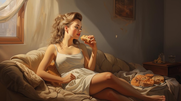uma jovem mulher de camisa branca sentada em uma mesa de café com um copo de chá e um croissant de manhã de manhã