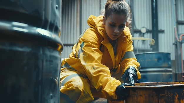 Foto uma jovem mulher de fato amarelo está trabalhando em uma fábrica de produtos químicos. ela está derramando um líquido de um barril em um balde.