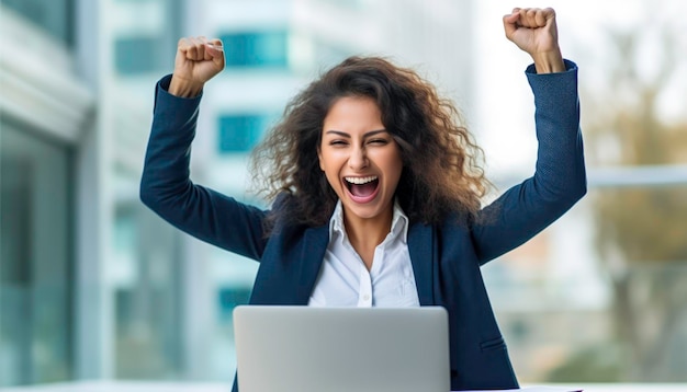 Uma jovem mulher de negócios feliz ou estudante se sente entusiasmada por ganhar online gerado por IA