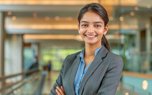 Uma jovem mulher de negócios indiana a sorrir.