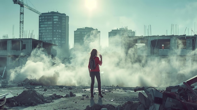 Foto uma jovem mulher de pé em uma cidade destruída a cidade está em ruínas com edifícios desabados e fumaça subindo dos destroços