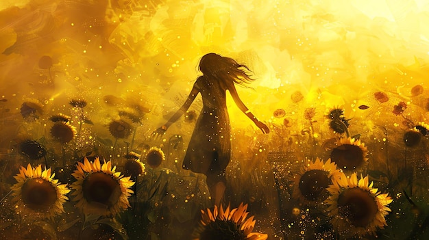 Foto uma jovem mulher de pé num campo de girassóis com os braços estendidos o sol está a pôr-se atrás dela lançando um brilho quente sobre a cena