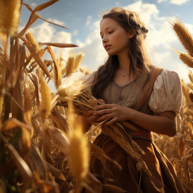 uma jovem mulher de pé num campo de trigo