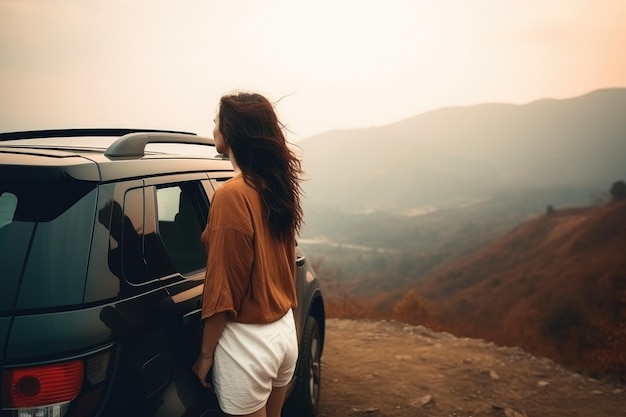 Uma jovem mulher de pé perto do carro e olhando para as montanhas no pôr do sol Uma menina de pé ao lado de um carro SUV com uma vista da natureza AI Gerado