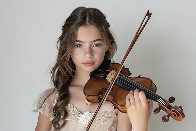 Uma jovem mulher de terno preto emergiu tocando violino sobre um cenário branco.