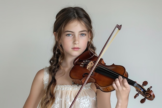 Uma jovem mulher de terno preto emergiu tocando violino sobre um cenário branco.