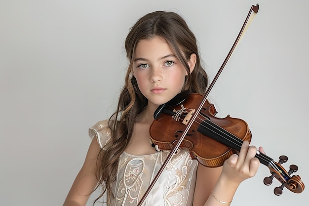 Uma jovem mulher de terno preto emergiu tocando violino sobre um cenário branco.