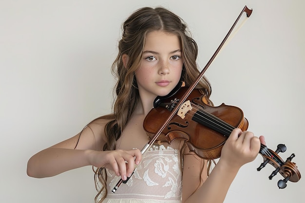 Uma jovem mulher de terno preto emergiu tocando violino sobre um cenário branco.