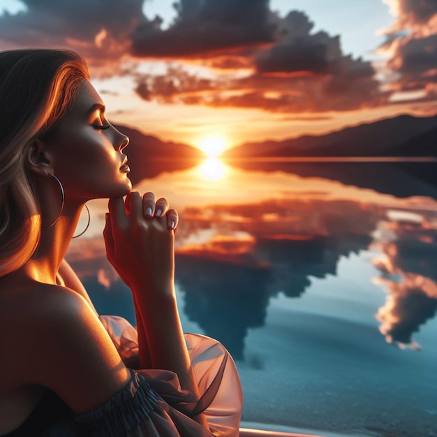 Foto uma jovem mulher desfruta do pôr-do-sol refletindo a beleza e a tranquilidade que ai gera.
