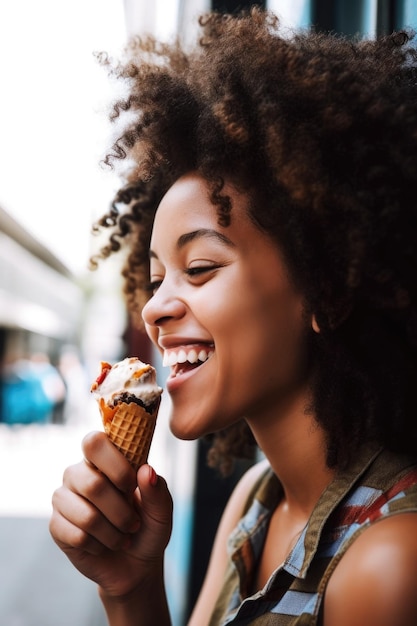 Uma jovem mulher desfrutando de um cone de sorvete criado com IA generativa