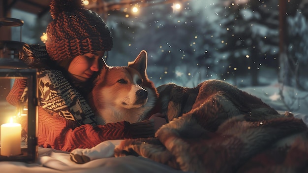 Uma jovem mulher e seu cachorro estão sentados em um cobertor na neve a mulher está vestindo um chapéu quente e lenço e o cachorro está vestindo uma camisola vermelha