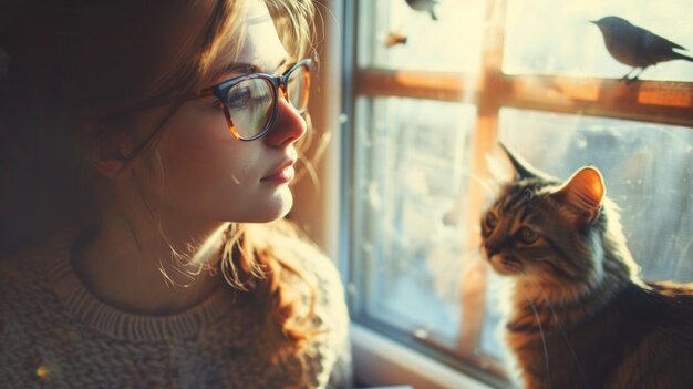 Uma jovem mulher e um gato estão olhando pela janela.