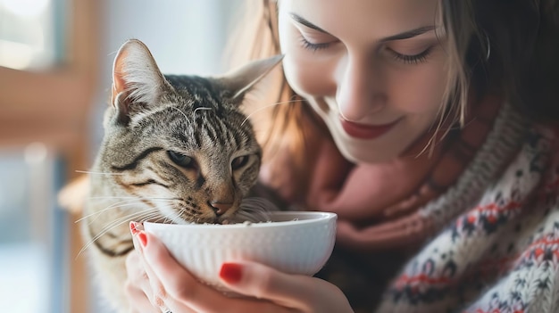 Uma jovem mulher em casa cuidando de seu gato IA generativa