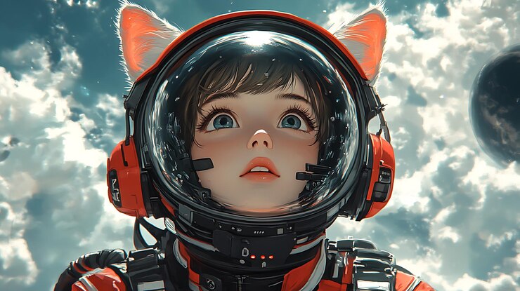 Foto uma jovem mulher em um traje de astronauta com orelhas de gato olha para o céu com admiração cercada por nuvens e uma esfera escura