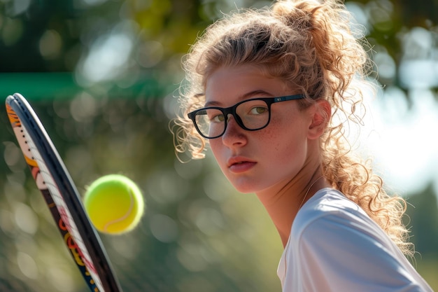 Uma jovem mulher encaracolada com óculos jogando tênis