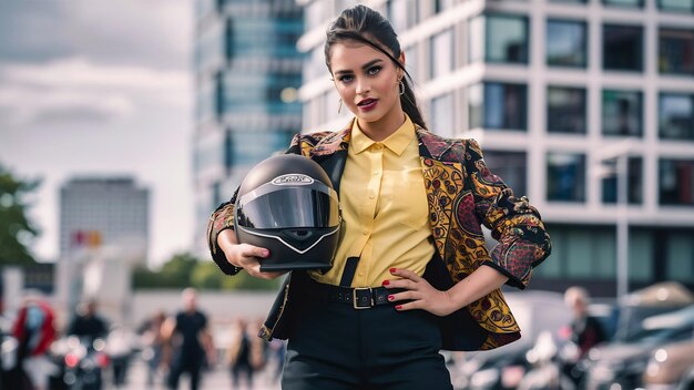 Uma jovem mulher moderna em camisa amarela, calças pretas e jaqueta colorida segurando um motociclo