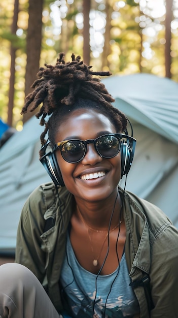 uma jovem mulher negra sorridente usando fones de ouvido e óculos de sol acampando na natureza