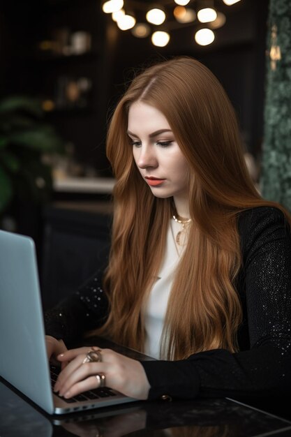 Uma jovem mulher olhando para um laptop mostrando trabalho on-line nele criado com IA generativa