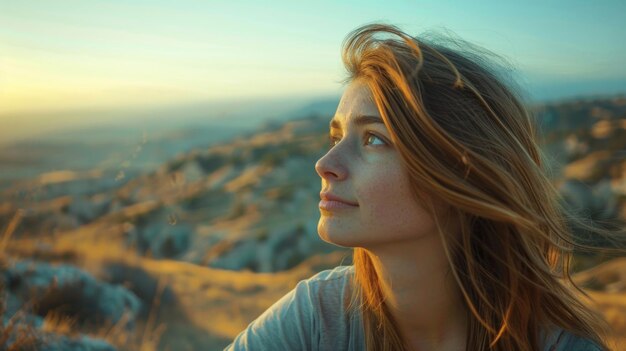 Uma jovem mulher olhando para uma paisagem deslumbrante