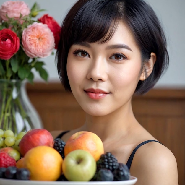 Uma jovem mulher posa com frutas