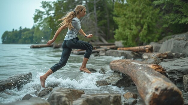 Foto uma jovem mulher pratica parkour à beira-mar