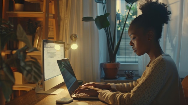 Uma jovem mulher se envolve em trabalho noturno on-line iluminada pela tela de seu computador