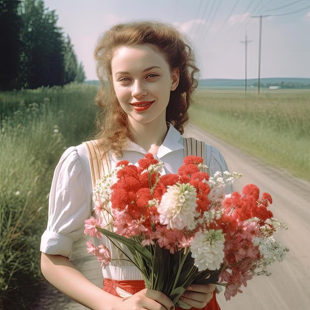 uma jovem mulher segurando um bouquet de flores em uma estrada de campo no estilo de celebração alegre