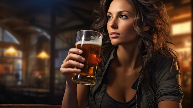 Uma jovem mulher senta-se contemplativamente no bar segurando uma cerveja sua expressão reflexiva acrescenta ao