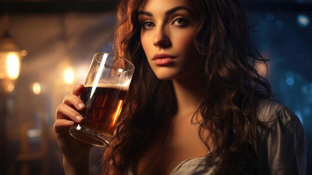 Uma jovem mulher senta-se contemplativamente no bar segurando uma cerveja sua expressão reflexiva acrescenta ao