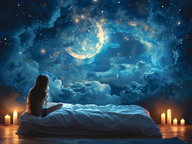 Uma jovem mulher senta-se na cama e olha para o céu estrelado da noite