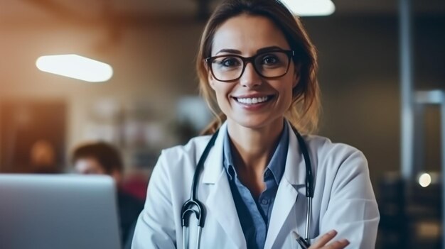 Foto uma jovem mulher sorridente e médica está de pé na clínica ensolarada dentro de casa.