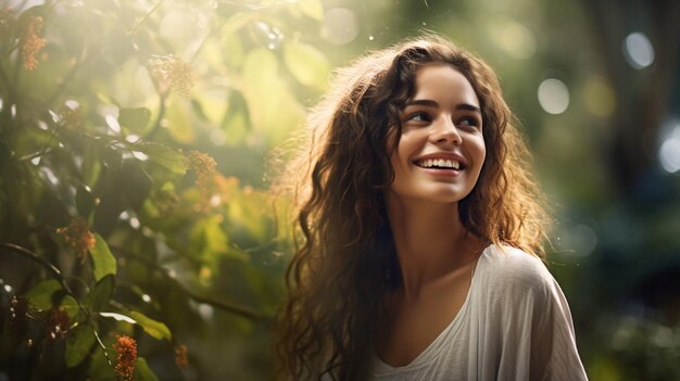 uma jovem mulher sorrindo olhando para a câmera cercada pela natureza