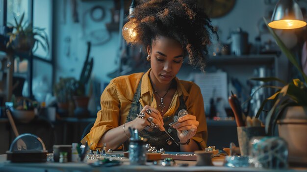 Uma jovem mulher trabalha em uma peça de jóia em seu estúdio Ela está usando uma variedade de ferramentas, incluindo uma pinça de martelo e um ferro de soldar