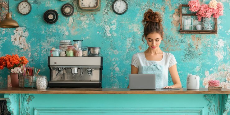 Foto uma jovem mulher trabalhando em seu laptop em um balcão de café elegante
