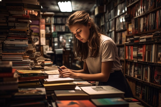 Uma jovem mulher trabalhando em uma livraria criada com IA generativa