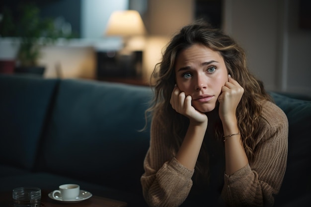 Foto uma jovem mulher triste e preocupada.