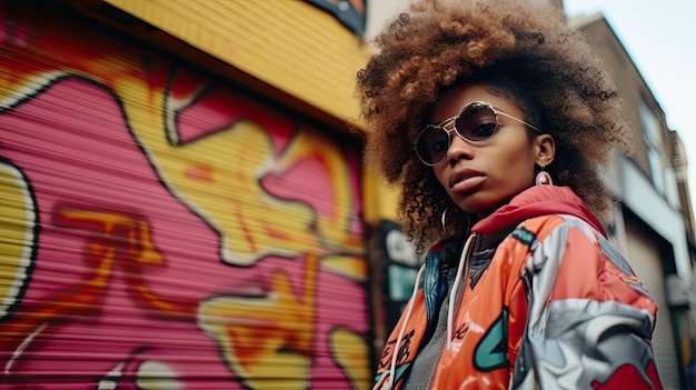 Uma jovem mulher urbana está em frente a grafites coloridos em uma parede de tijolos