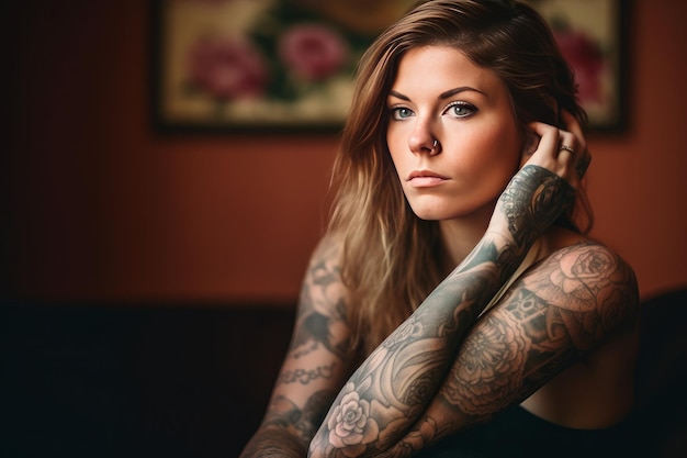 Uma jovem mulher usando uma tatuagem no estilo de retratos com iluminação suave IA generativa