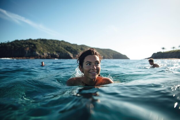 Uma jovem nadando no oceano com o namorado atrás dela criada com IA generativa