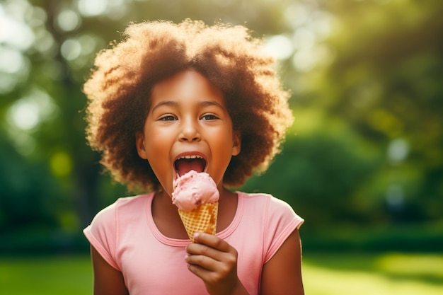 Uma jovem negra a desfrutar de um cone de gelado