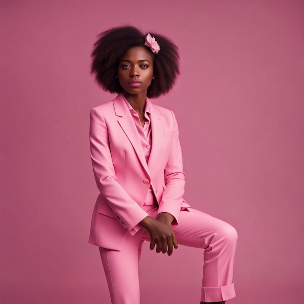 Uma jovem negra africana de terno rosa com fundo rosa