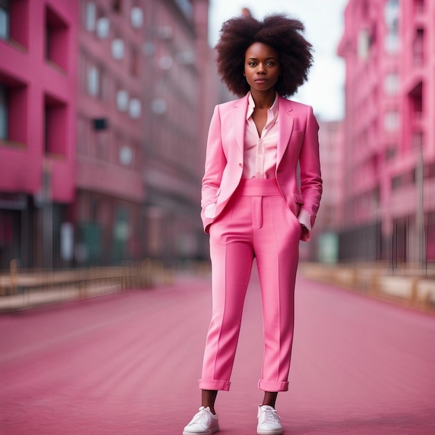 Uma jovem negra africana de terno rosa com fundo rosa