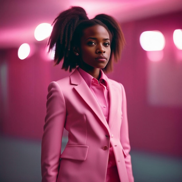 Uma jovem negra africana de terno rosa com fundo rosa