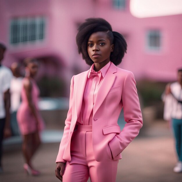Uma jovem negra africana de terno rosa com fundo rosa