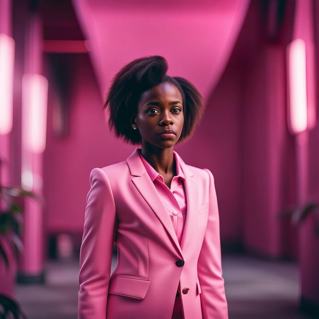 Uma jovem negra africana de terno rosa com fundo rosa