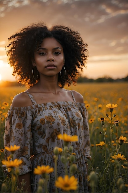 Foto uma jovem negra com um penteado afro em um campo de flores amarelas durante o pôr do sol